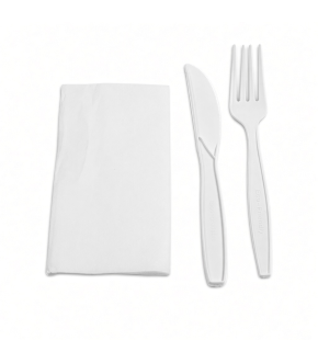 BIS POSATE BIO FORCHETTA E COLTELLO CON TOVAGLIOLO BIANCO - 400 PZ